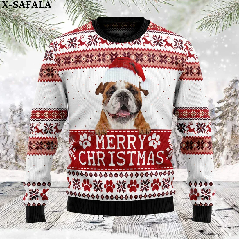 Cute Bulldog Christmas Knit Sweaters Funny Halloween Christmas Gift Jumpers Tops Couple Party Unisex Casual-5