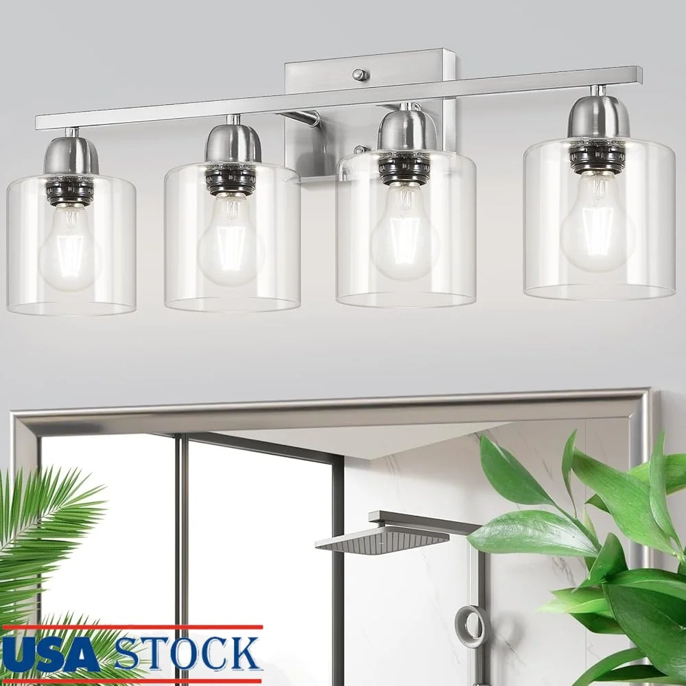 

Brushed Nickel Bathroom Vanity Light 4 Bulb Over Mirror Fixture Glass E26 Socket Modern Style Elegant Home Decor