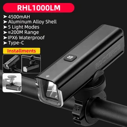 ROCKBROS Bicycle Light 1000LM 4500mAH LED Type-C Rechargeable Bike Front Light Rainproof Flashlight MTB Road Cycling Headlight