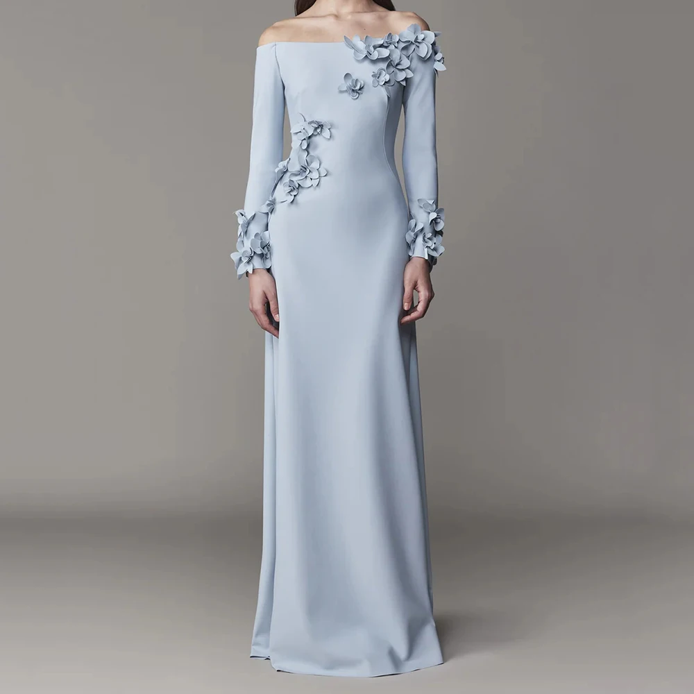 

Customized Mermaid Evening Dresses Floor-length Off The Shoulder Full Sleeve Prom Gown Fashion Flowers Simple Draped Party Gown