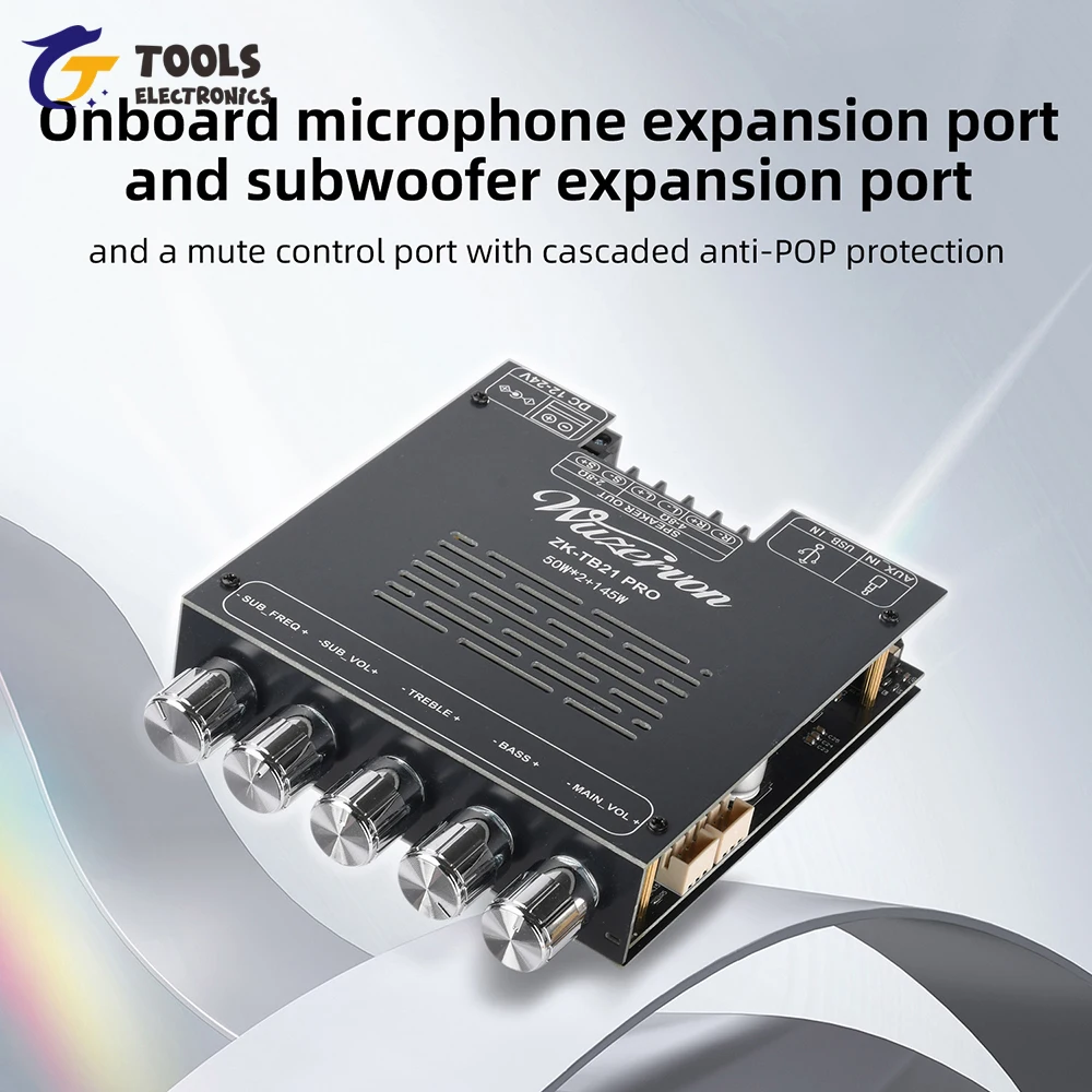 

2.1-канальная плата усилителя Bluetooth 50Вт+50Вт+145Вт на чипе TPA3116D2 с высокой точностью воспроизведения и низким уровнем искажений, входы AUX/USB, аудиоусилитель