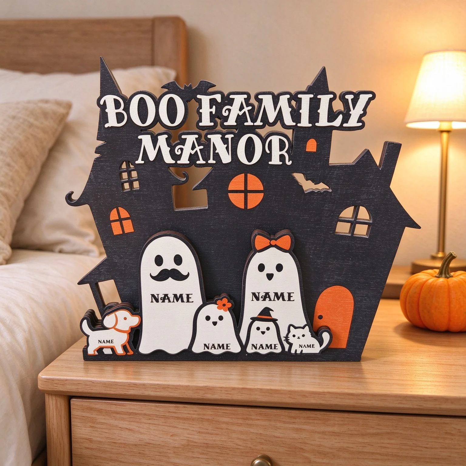 Personalized Ghost Squad Sign, Customizable Halloween Decorations with Ghost Family Names, Cute Halloween Decorations, Atmospheric Autumn Fireplace Ornaments, Ghost Family Theme. Personalized Halloween Family Wooden Ke - view 3