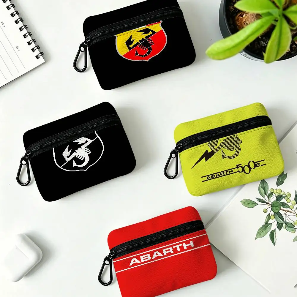 A-Abarth Sport Car Logo Mini Oxford Cloth Coin Purse With Carabiner Hook Portable Key Card Wallet Small Zipper Storage Pouch
