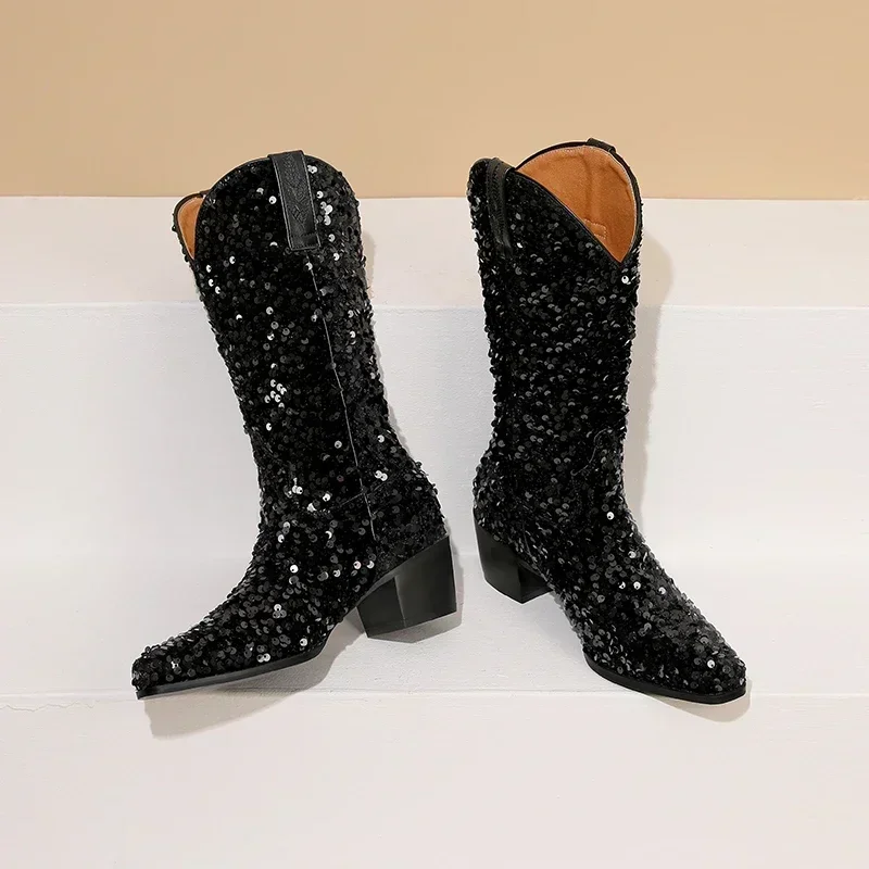 Bottes de cowgirl à enfiler mi-mollet pour femmes, bottes occidentales à paillettes, talons hauts et carrés, parka pointue, demi-bottes, or, rose, bleu, violet, bling