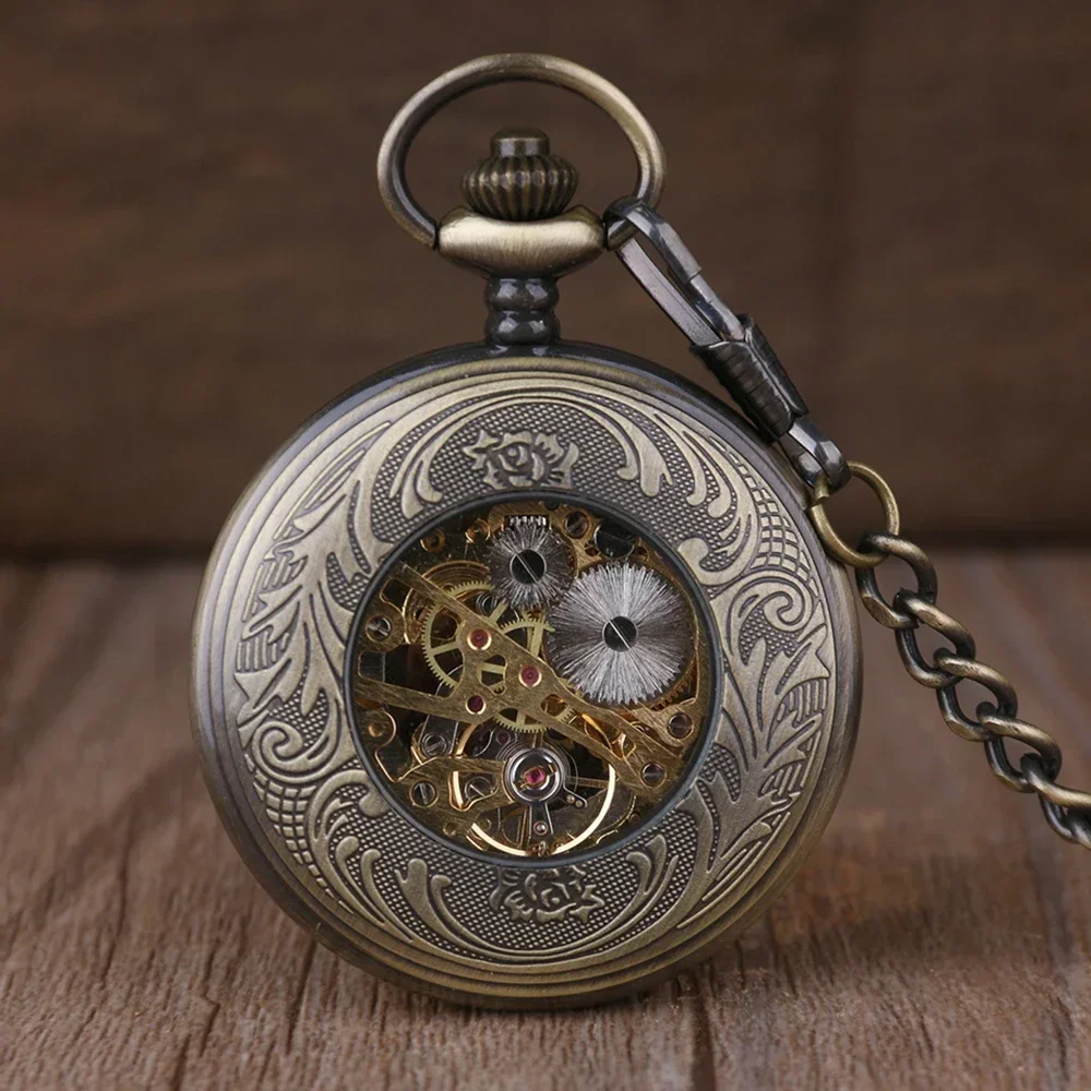 Bronze Vintage Roman Number Hand-Winding Watch creative carving flower Mechanical Pocket Watch chains pendant gifts