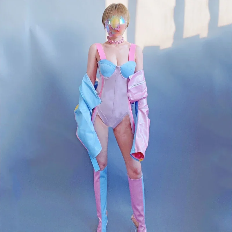 

Christmas Gogo Dance Costumes For Women Pink Blue Bodysuit Leather Coat Sexy Jazz Dance Outfits Cosplay Stage Wear XS3200