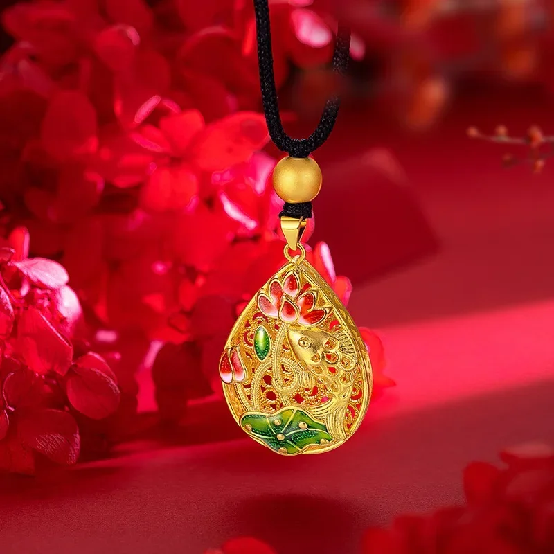 

Vintage Blue Pendant 9999 24K Real Gold Lotus Year Fish Pendants Ethnic Style Enamel Silk Lotus Koi Necklace for Men Women