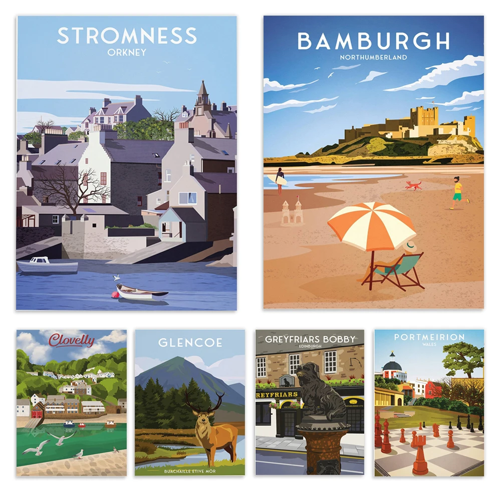 Buckymore, pier, Almondbury church, Whitley Bay, Portmeirion, River Dart, Bandewen, Robin Hood's Bay, Clovelly travel poster