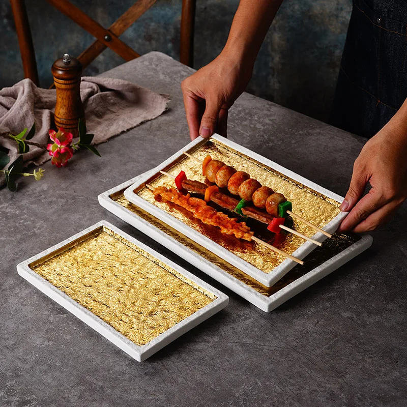 Rectangular Sashimi Salmon Plate Ceramic Dinnerware Household Barbecue Dish Japanese White Background Gold Restaurant Sushi Tray