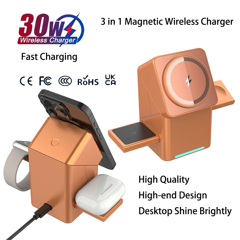 

2025 сенсорный автоматический вращающийся Qi2 3 в 1 магнитная подставка для беспроводного зарядного устройства для iPhone Samsung Xiaomi OPPO 30 Вт быстрая зарядка