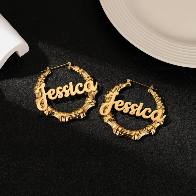 DHQH New Customized Name Bamboo Knot Earrings Personalized Letter/Name Bamboo Knot Nameplate Earrings Mother's Day Gift for Her