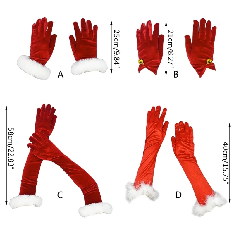 Y166 Teens Cosplay Santa Winter Gloves with Bells/White Cuffs Plush Keep Warm Gloves