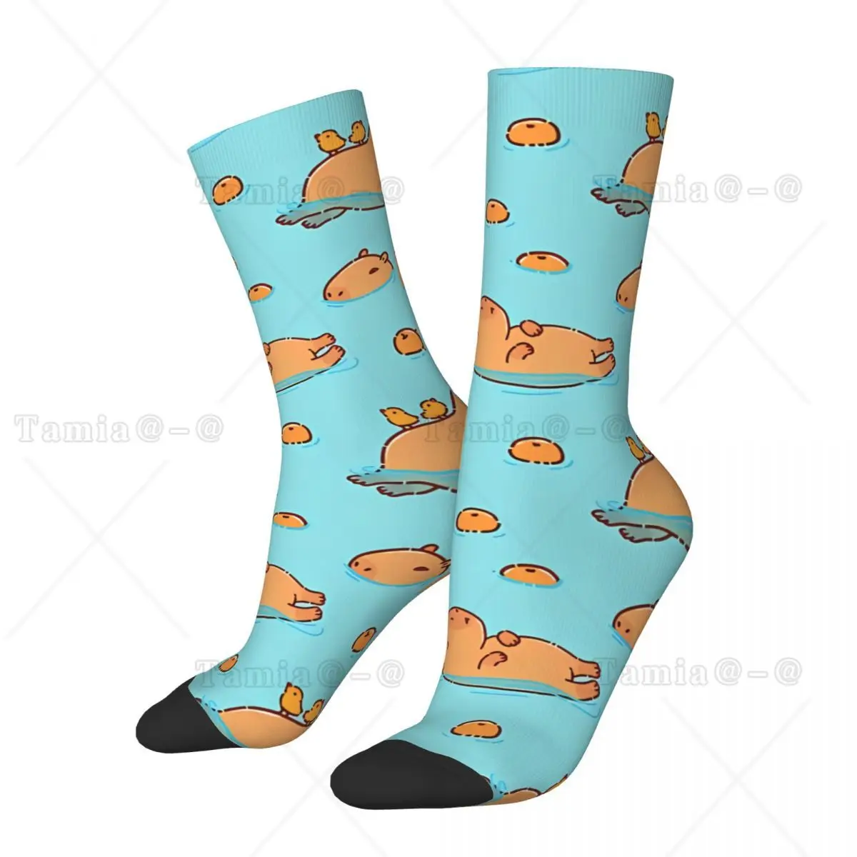 Capybara Pattern Swimming With Oranges Men's Socks Retro Harajuku Street Style Novelty Pattern Crew Sock