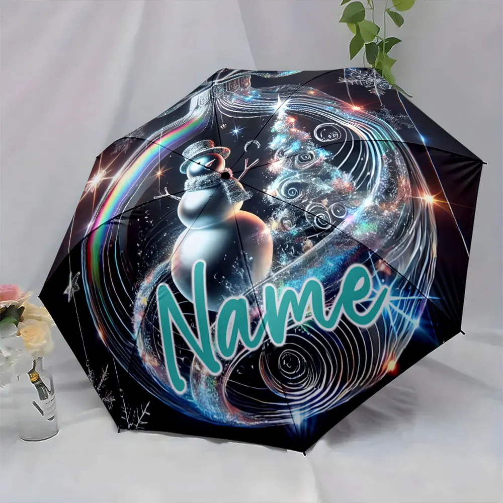 Custom Name Holiday-Themed Umbrella with Snowman and Christmas Print 8 Iron Ribs Folding Umbrella Auto-Open Fashion Sunshade
