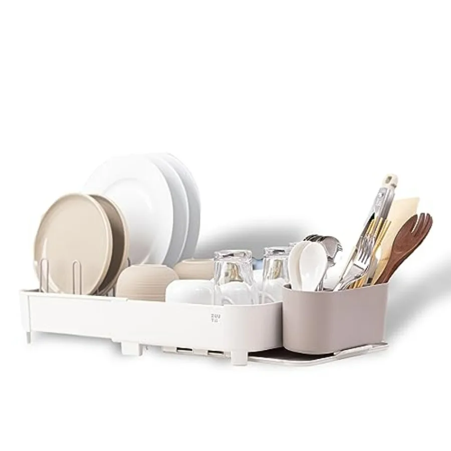 

Раздвижная сушилка для посуды с поддоном для кухонной столешницы, регулируемая по размеру (17.5-25.4 дюйма), из нержавеющей стали, с держателем для столовых приборов
