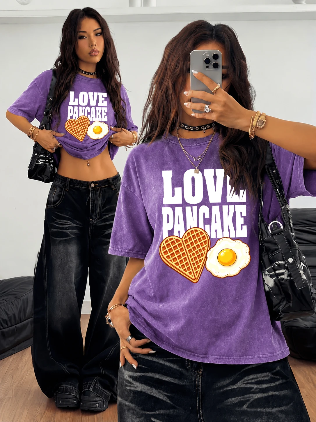 Love Pancake Heart Waffle Fried Egg Prints Women'S Washed T Shirts Cotton T-Shirt Casual Y2K Korean Sportswear Summer Loose Top