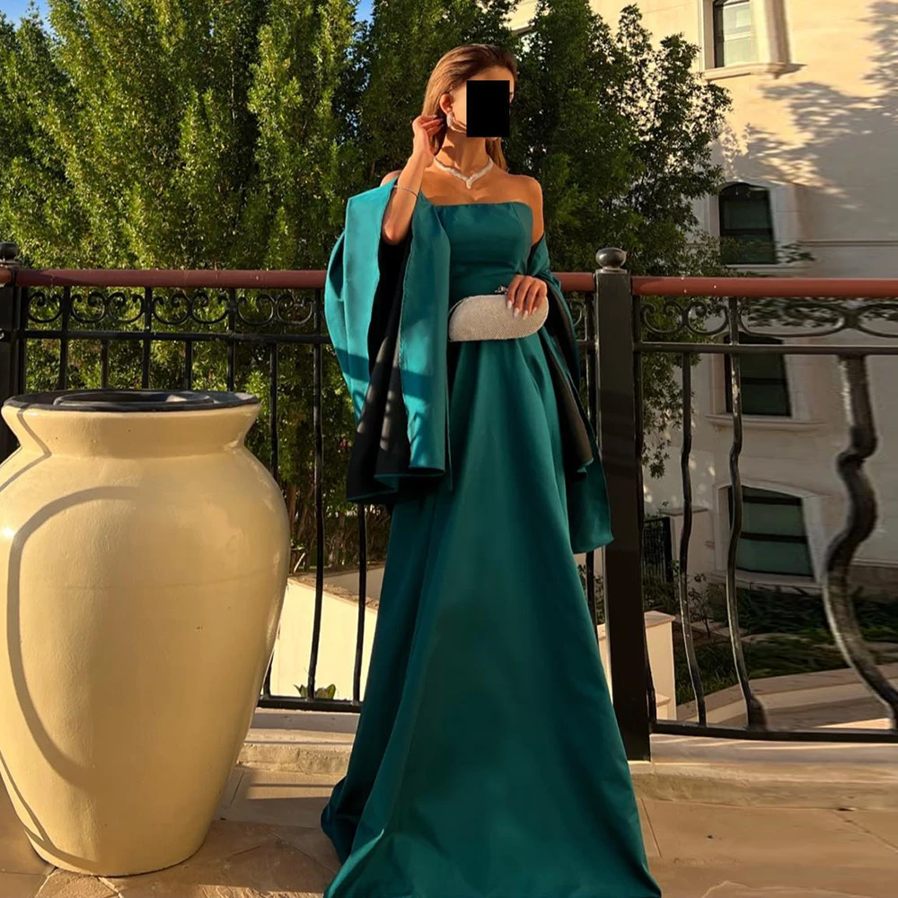 

Formal A-Line Green Floor Length Off the Shoulder Satin Short Sleeves Prom Dress Simple Elegant Pleats Saudi Arabia Women