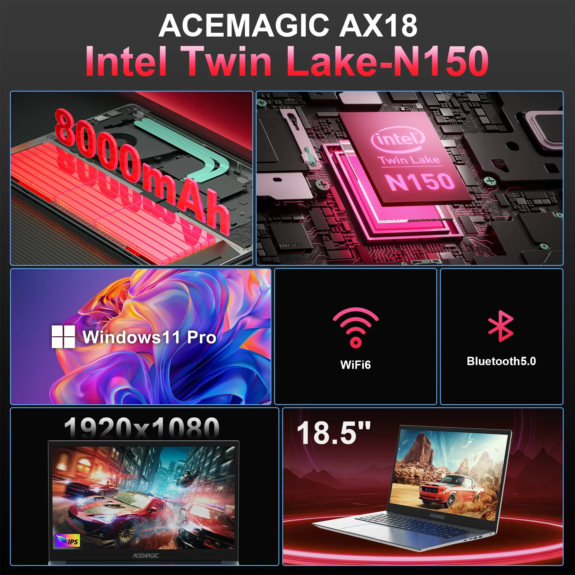 كمبيوتر محمول ACEMAGIC-Windows 11 برو بشاشة FHD ، إنتل N150 ، معالج رباعي النواة ، ذاكرة رام 16 جيجابايت DDR4 ، جي بي SSD ، واي فاي 5 ، في