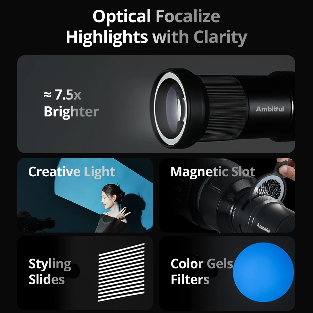 AMBITFUL AL300 PRO Focalize Conical Snoot Bowens Mount Photography Photo Condenser Geometric Sheet Shapes Gobo Filter Gels
