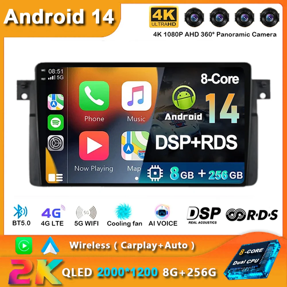 

Android 14 Auto Carplay Car Radio For BMW E46 M3 1998 1999 2000 2001 - 2006 Navigation GPS Multimedia Player Stereo WiFi+4G BT