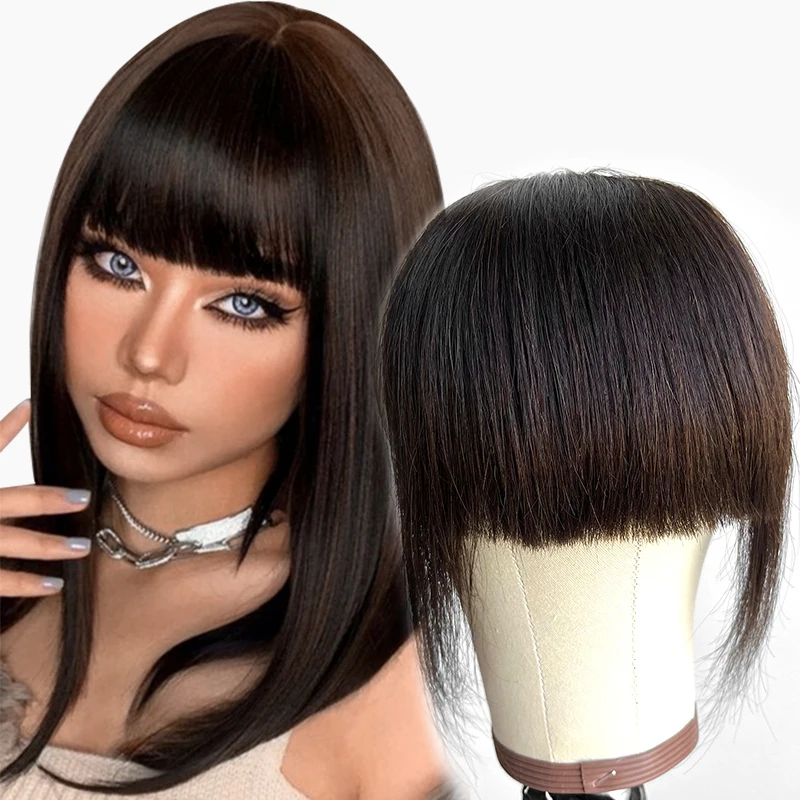 MRSHAIR Human Hair Bangs Clip In Hair Extension Natural 3D Fake Blunt Air Bangs Hair Pieces Non-Remy 3Clips 2.5