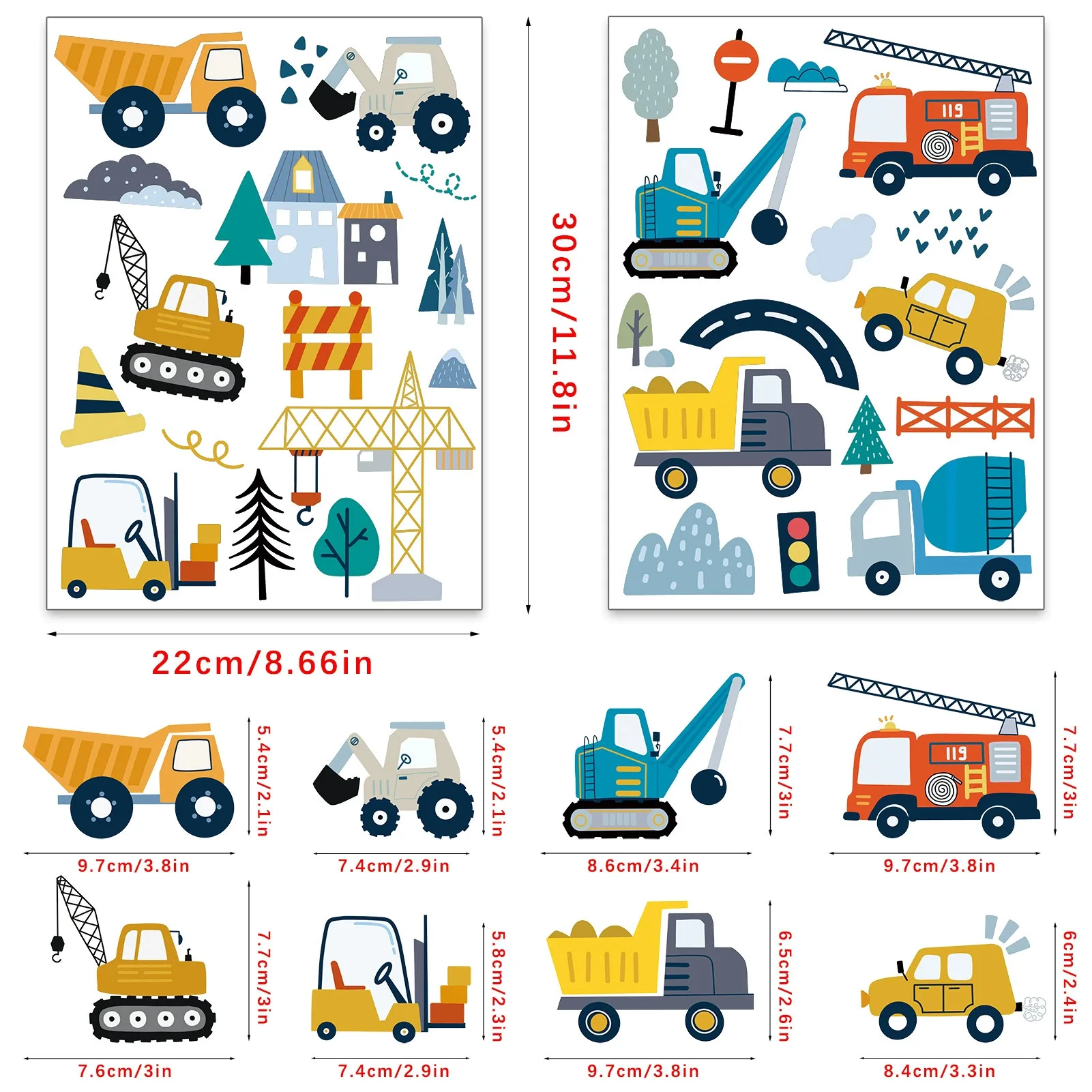 Colorful Construction Vehicles Wall Stickers Excavator Crane Truck DIY Decals for Kids Room Nursery Bedroom PVC Wall Art