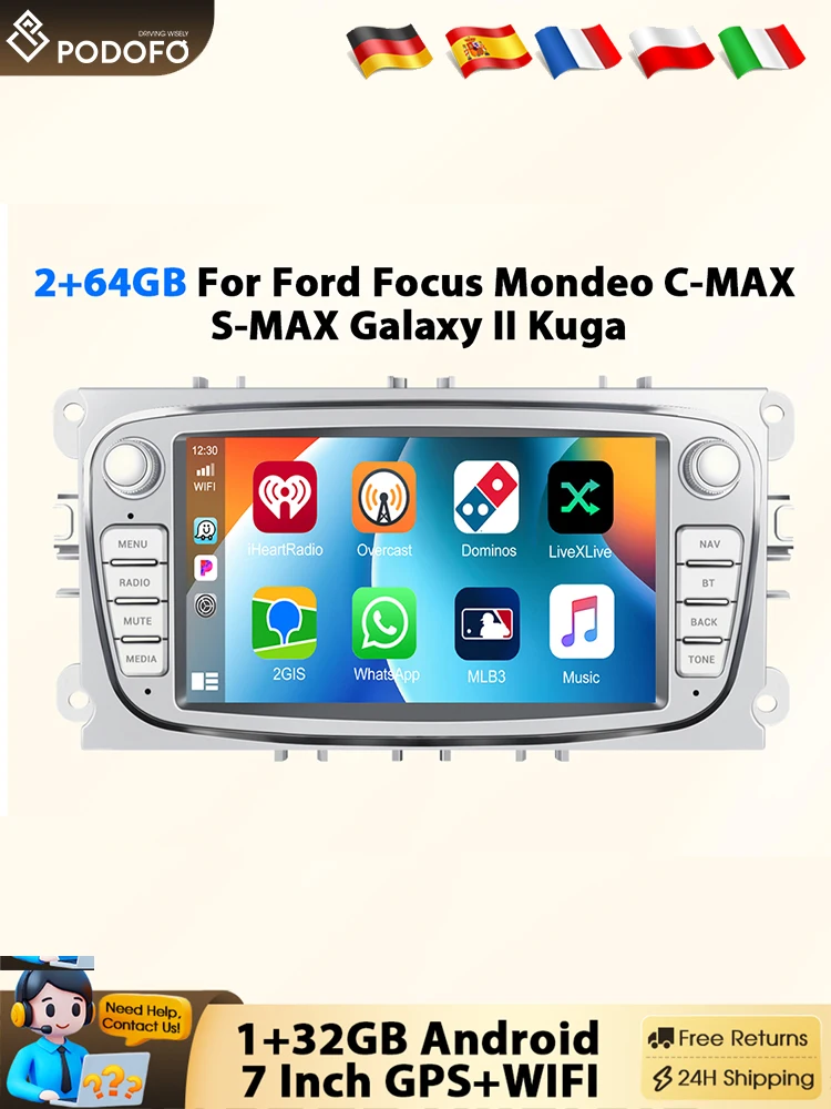 Podofo 2Din 7 inch autoradio 2+64GB multimediaspeler Carplay Android Auto voor Ford Focus Mondeo C-MAX S-MAX Galaxy II Kuga - afbeelding 2