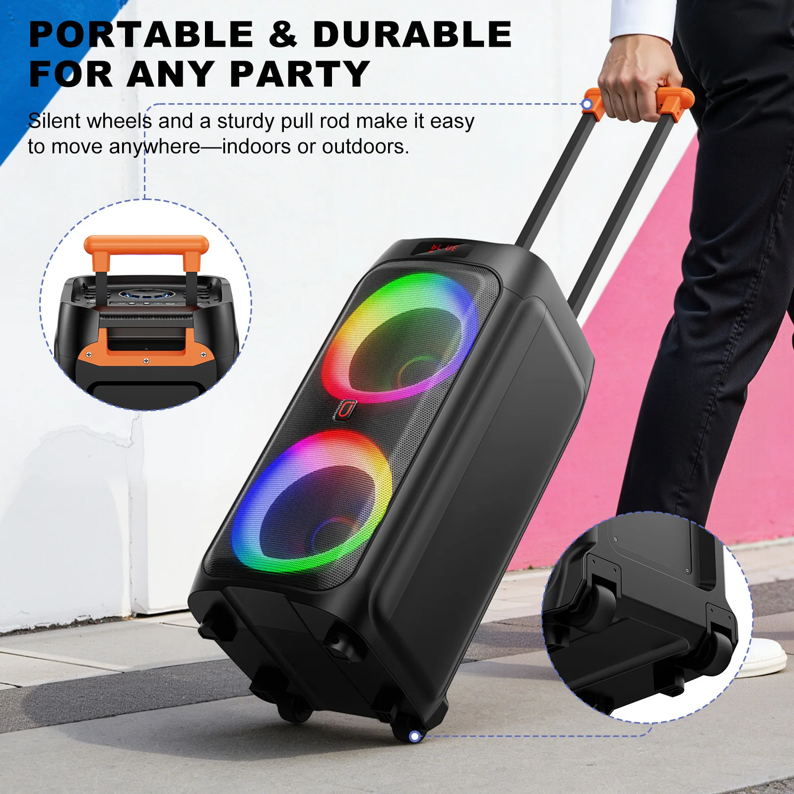 T9 Karaoke-Maschine mit 2 Mikrofonen, Doppel-8-Zoll-Subwoofer, großer Bluetooth-Lautsprecher mit 500W Spitzenleistung, Rollen und Trolley