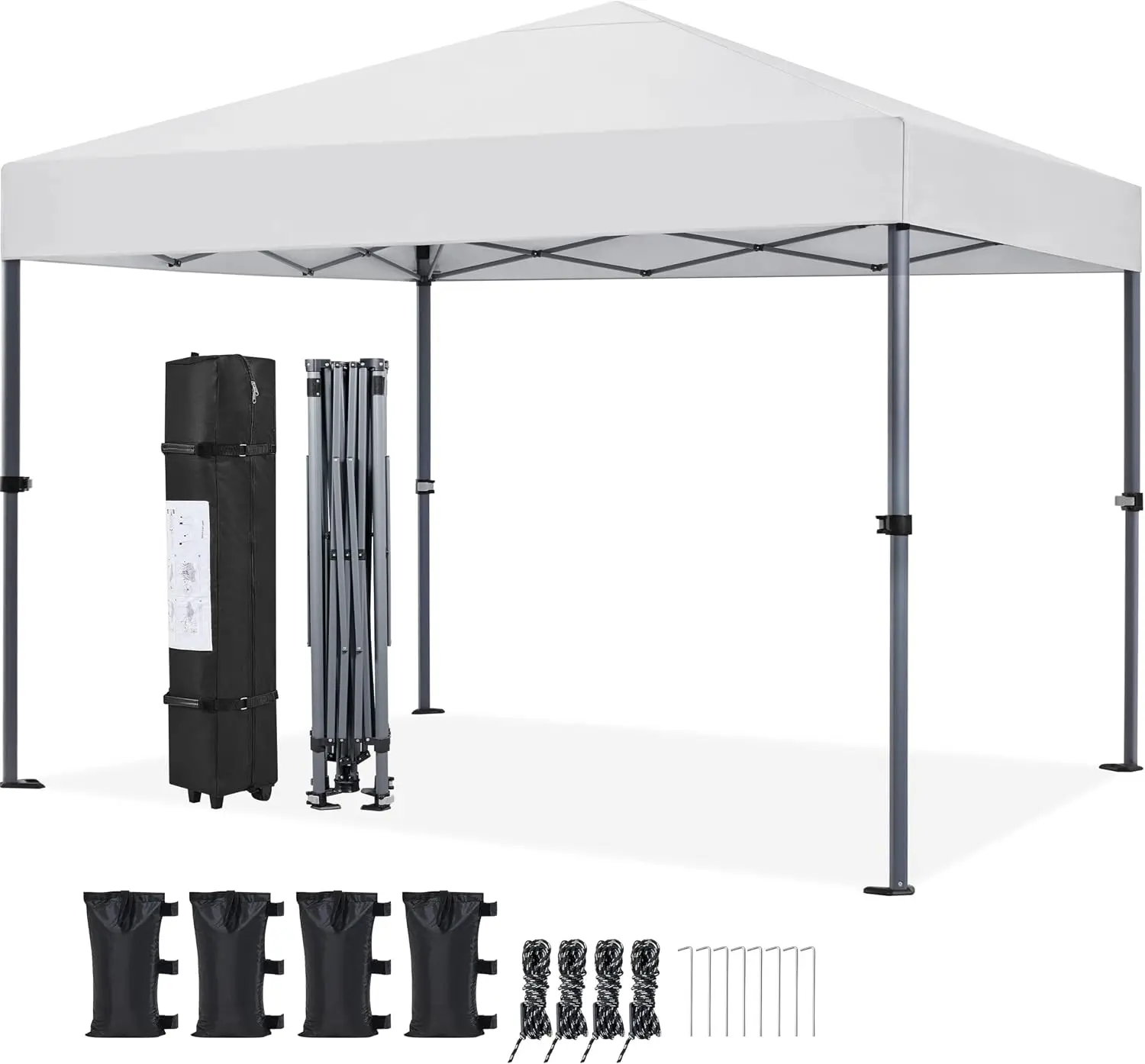 10x10 Pop Up Canopy Tent 1-Button One Person Quick Setup, White | Portable Easy Set-up Commercial Gazebo Equipped with Wheeled Bag & 4 Sandbags, Fit for Home Party and Outdoor Events