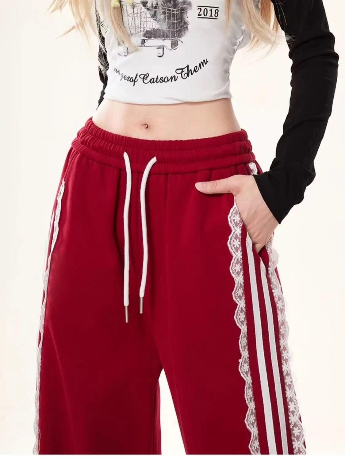 Women\'s Striped Lace Baggy Pants Vintage Sweatpants Harajuku Aesthetic Y2k Parachute Pants High Waist Trousers 2000s Clothes New