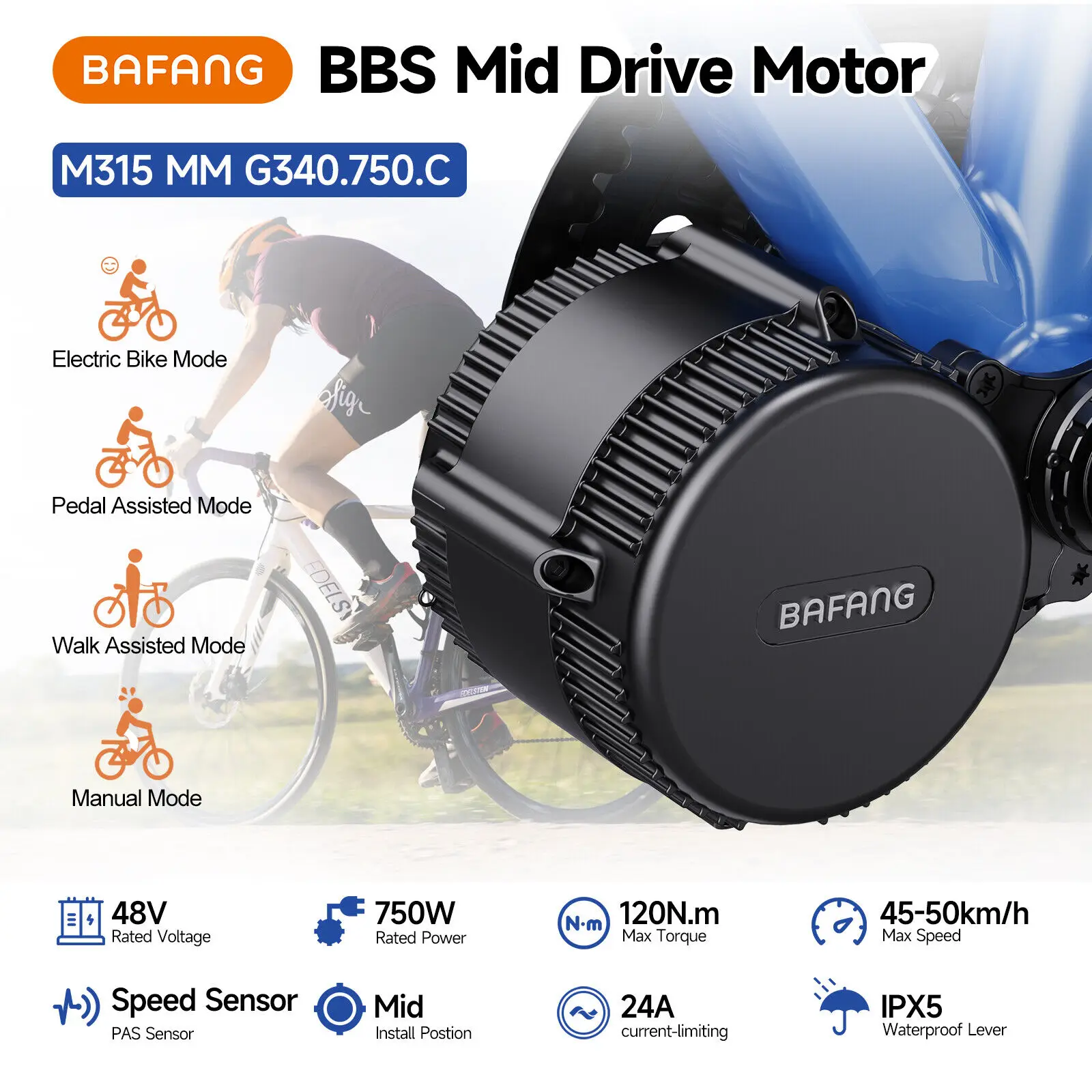 

Комплект для переоборудования электровелосипеда с центральным двигателем Bafang 48В 750Вт, протокол UART, BBS02B, подшипники BB 68мм 100мм