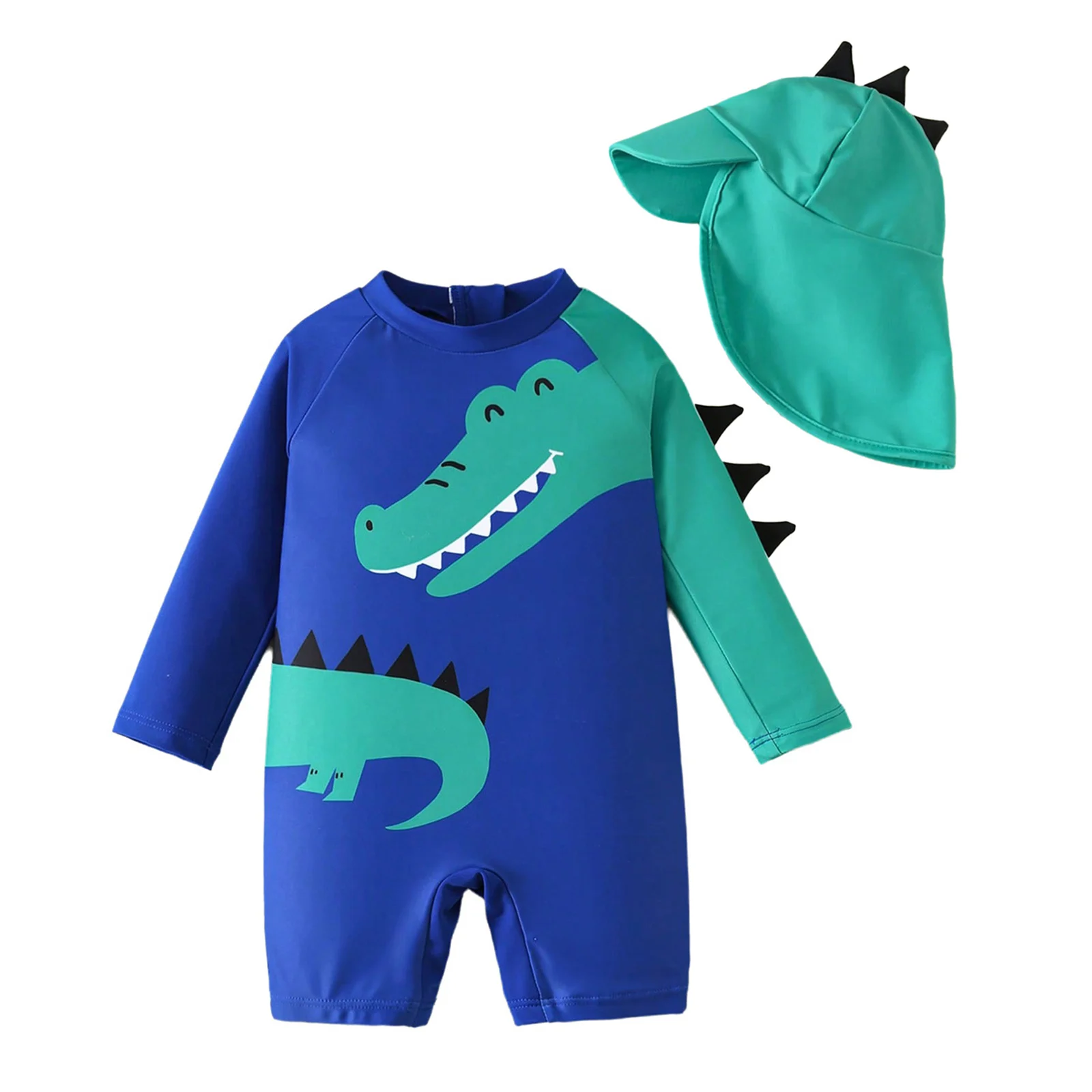 Baby Toddler Boys Swim Leotard Long Sleeve Back Zipper Dinosaur-patterned One-piece Swimwear with Hat for Beach Pool Hot Spring