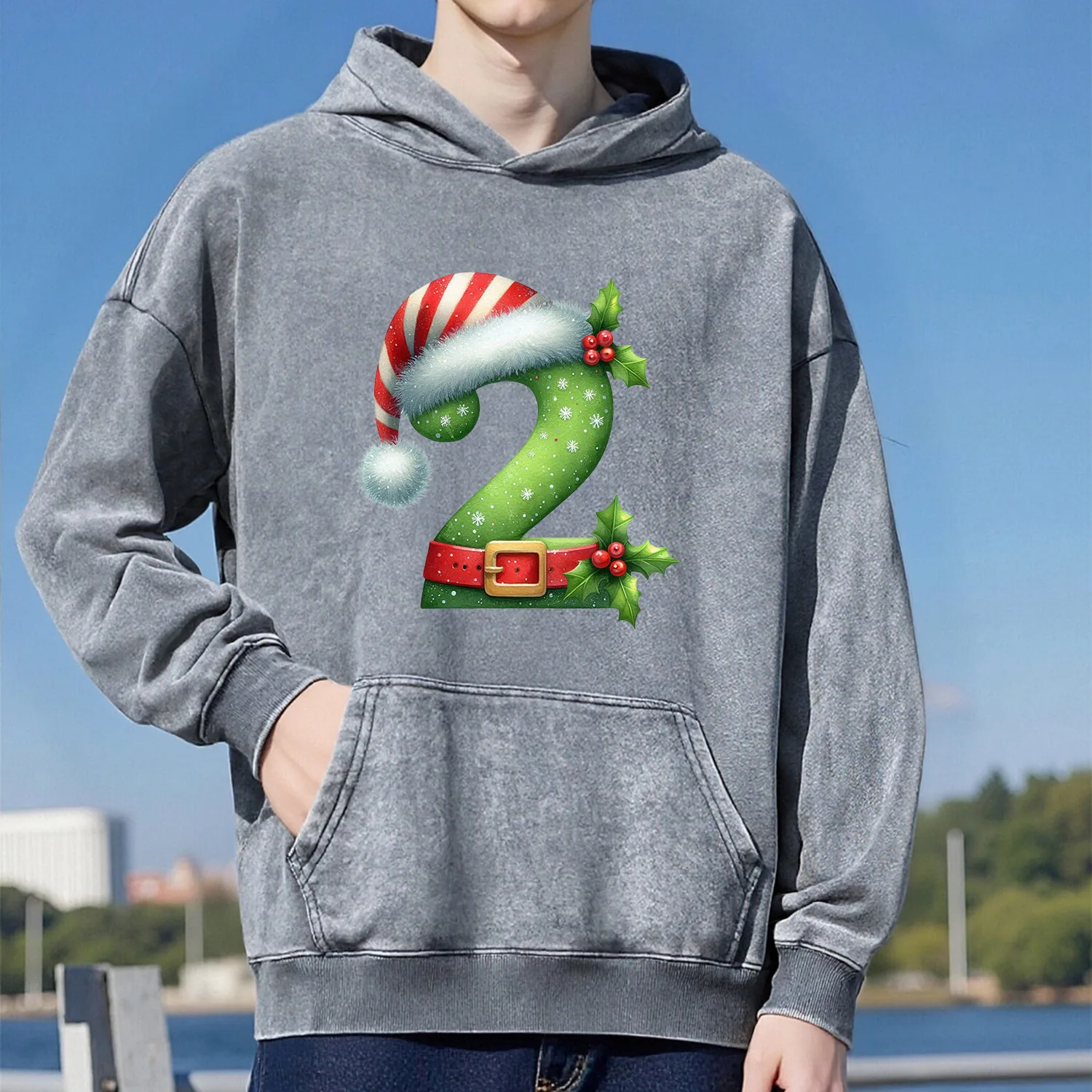 

Рождественский номер 2 Ретро стираный узор толстовка с капюшоном унисекс повседневный спортивный стиль из чистого хлопка уличный стиль 400 г