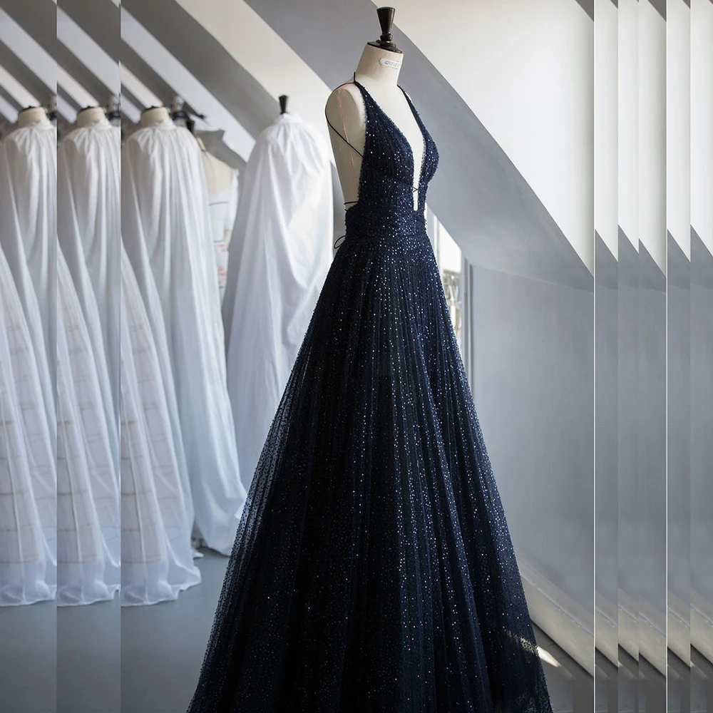 

Gorgeous Sparkle Navy Blue Prom Dresses V-neck Backless A-line Floor Length Crystal Shiny Women Banquet Evening Party Ball Gowns