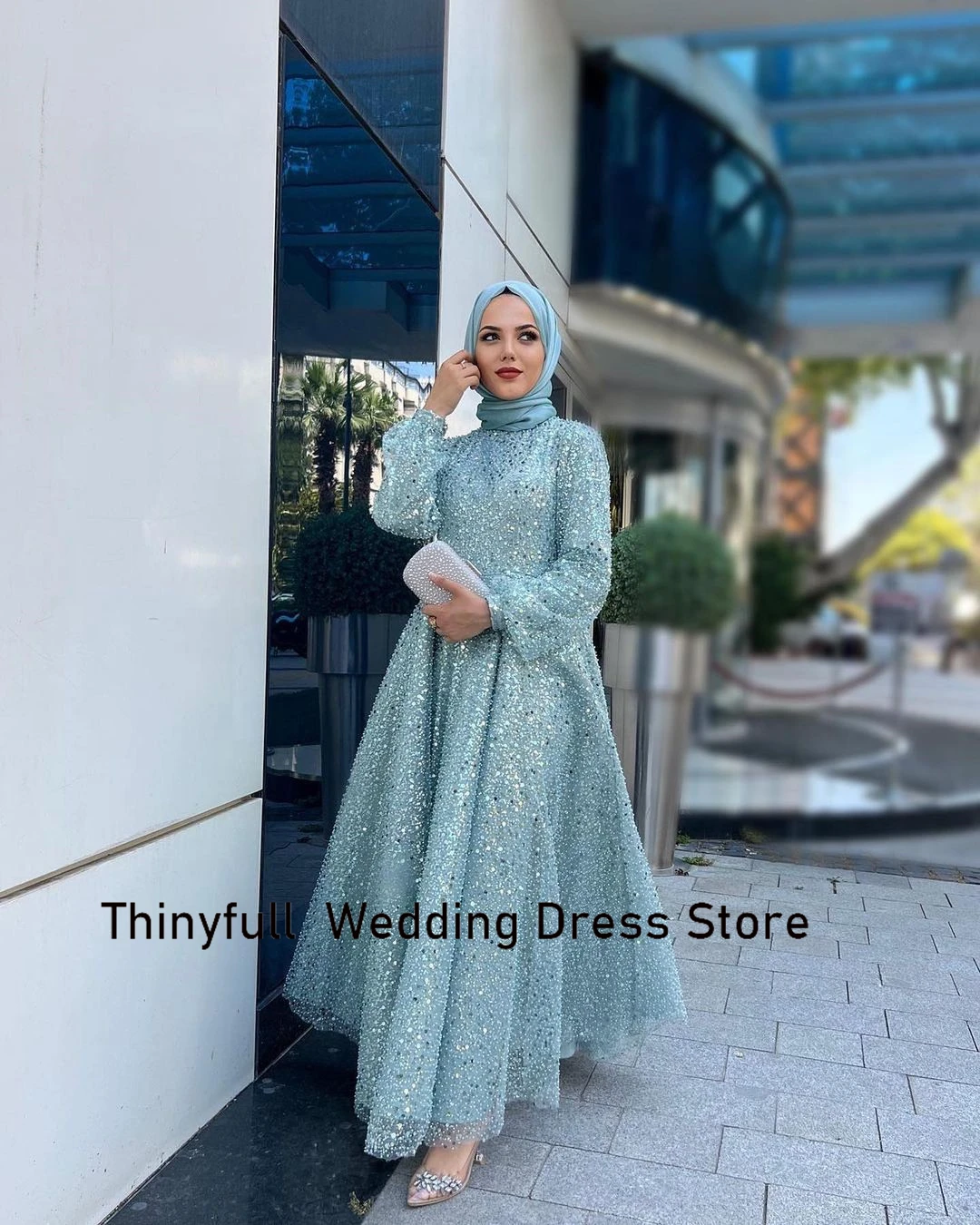 Thinyfull A-line Sequin Turkish Prom Dress High Neck Long Sleeves Arabic Muslim Evening Dress Customized Formal Event Gown 2024