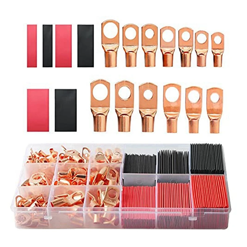 273Pcs Copper Wire Terminal Connectors AWG 2 4 6 8 10 12 Ring Lug Kit With 140Pcs Heat Shrink 133Pcs Battery Cable Lugs