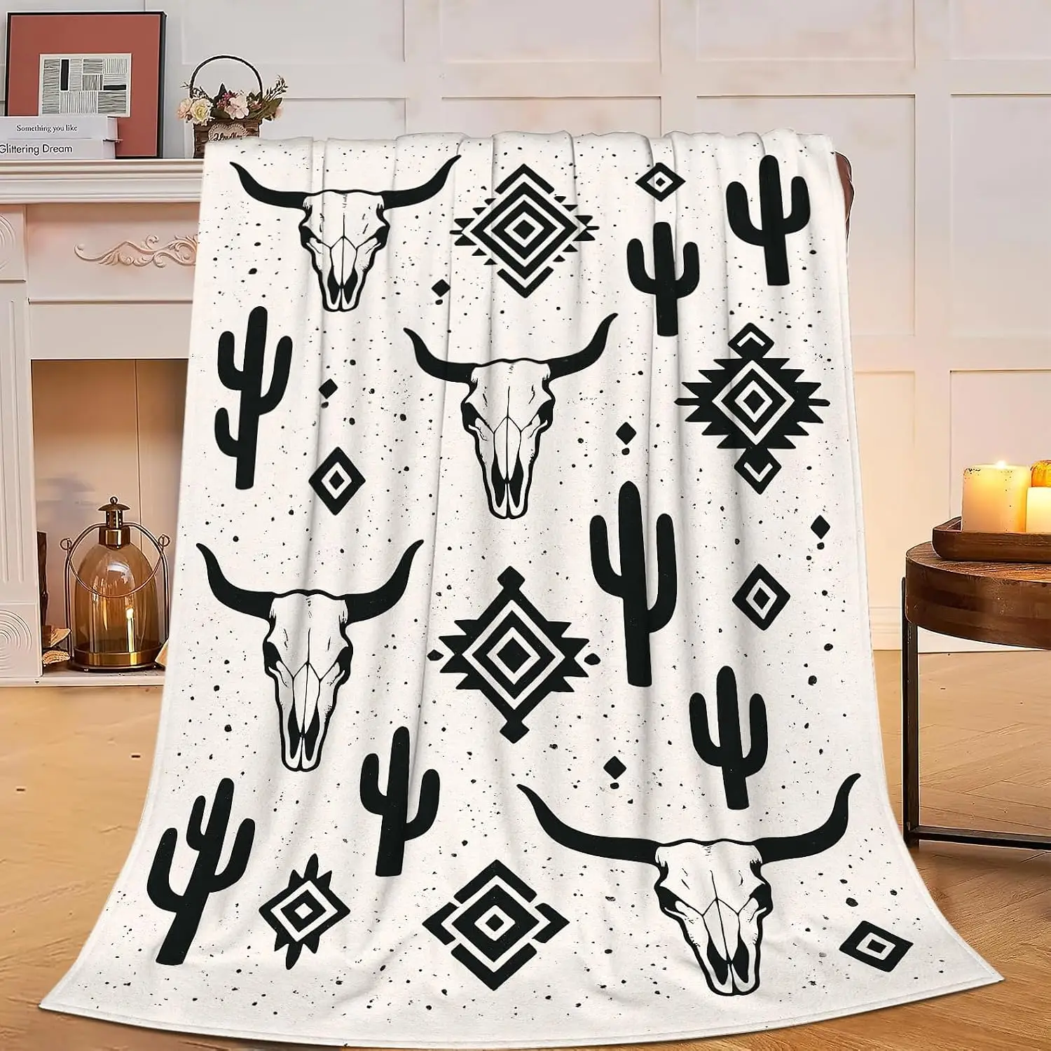 Plush Flannel Southwestern Cactus Skull Print Throw Blanket Boho Desert Tapestry for Sofa Couch Home Decor Gifts