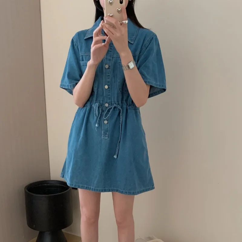 女性用半袖デニムドレス,ラペルカラー,ドローストリング付きチュニック,エレガントなサマードレス,2022