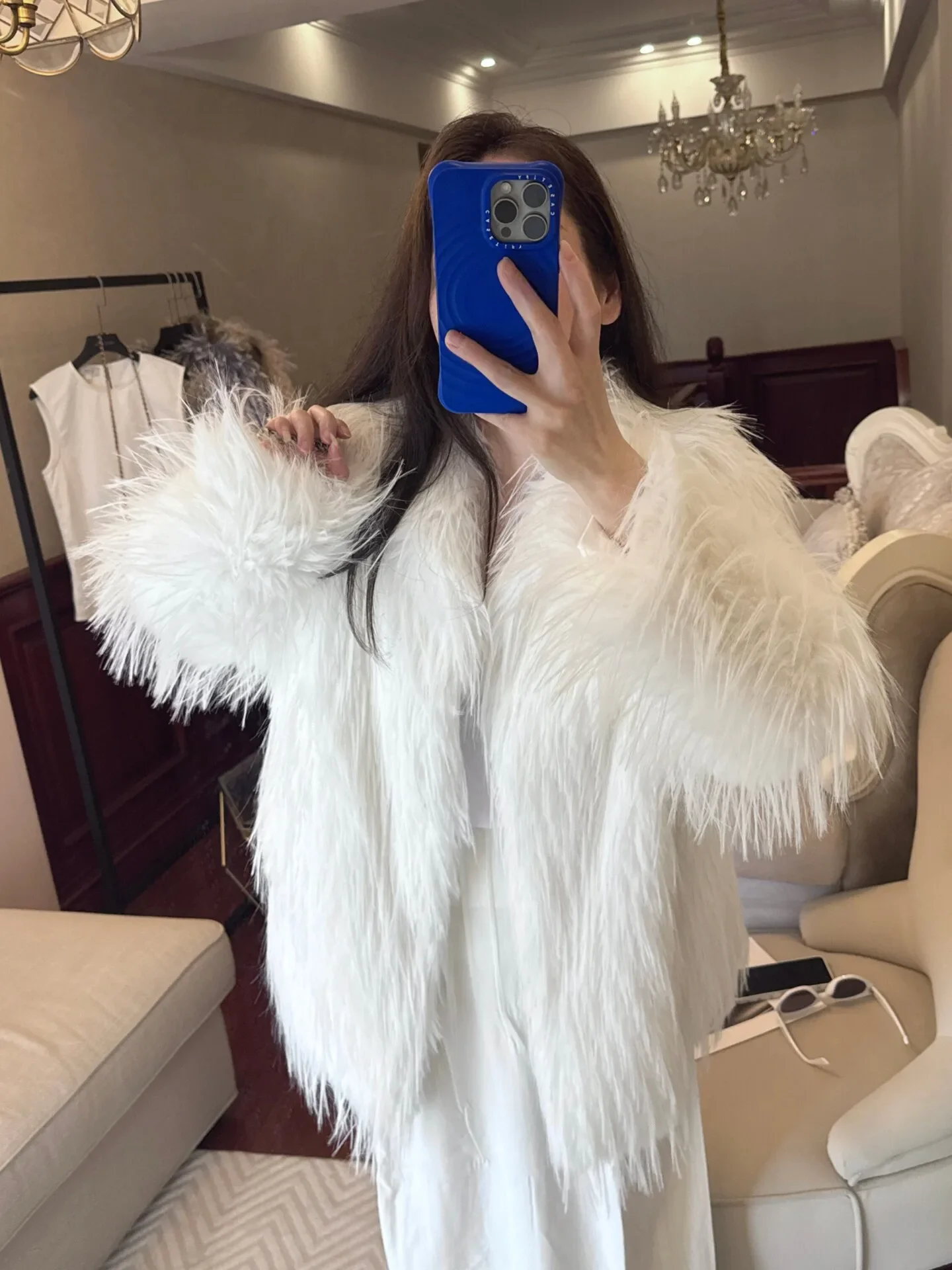 Winter Women White Tassel Long Hairy Shaggy Faux Fur Coat Lapel Collar Long Sleeve Furry Warm Jacket Midi Coat Loose Outerwear