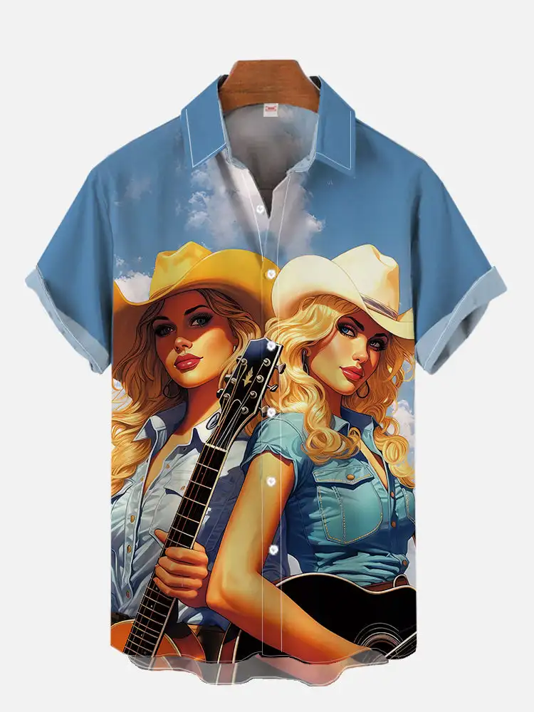 1980s Vintage Pin Up Girl Poster Sexy Girls Blonde Beauty 3D Prints Men\'s Short Sleeved Shirts For Men Fashion Hawaiian Shirt