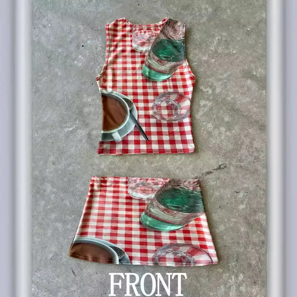 Y2k الألفية لطيف طباعة مثير أكمام جولة الرقبة بروتيل أعلى تصميم تحسس الأمامي والخلفي طباعة بروتيل الأعلى