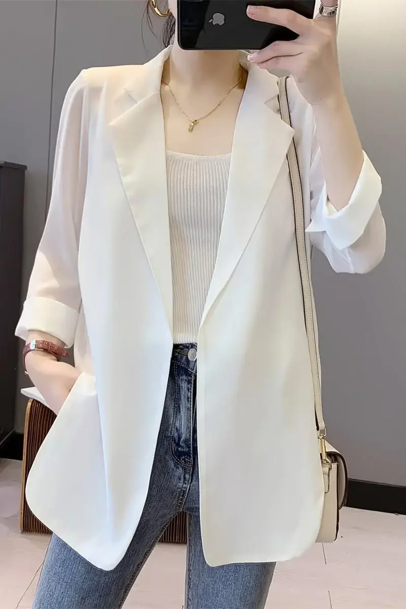 Chiffon Small Suit 1688 Spring Summer White Western-Style Clothes Top Thin Draped Casual Elegant Design Sensibility Niche Jacket