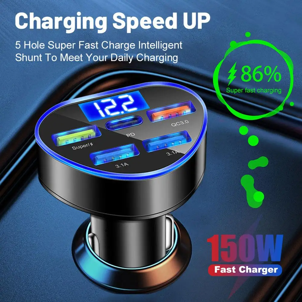 150W 5-in-1 Digital Display Car Charger 12-24V 5-Ports Super Fast Charge PD QC3.0 Dual-USB 3.1A Car Charger For Suv Sedan T K3L6