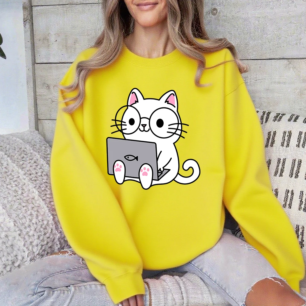 Cartoons Cute Cat Prints Sweatshirt Women Autumn Winter Fleece Warm Hoodie Crewneck Loose Pullover Basics Sporty Womans Clothes