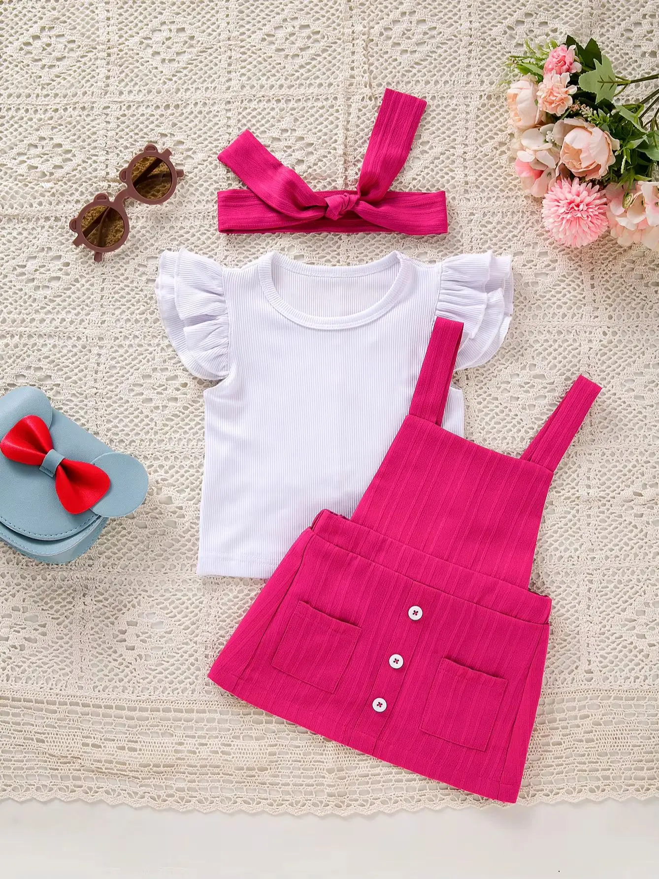 Baby Girl Spring Summer 3-Piece Set Flutter Sleeve T-shirt + Overall Dress + Headband Cute Casual Kids Outfit