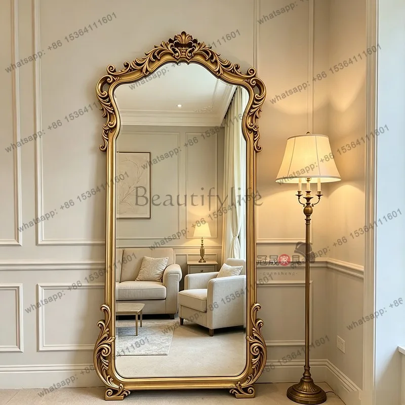 LS European retro carved dressing mirror living room wall hanging classical villa cloakroom luxury fitting mirror