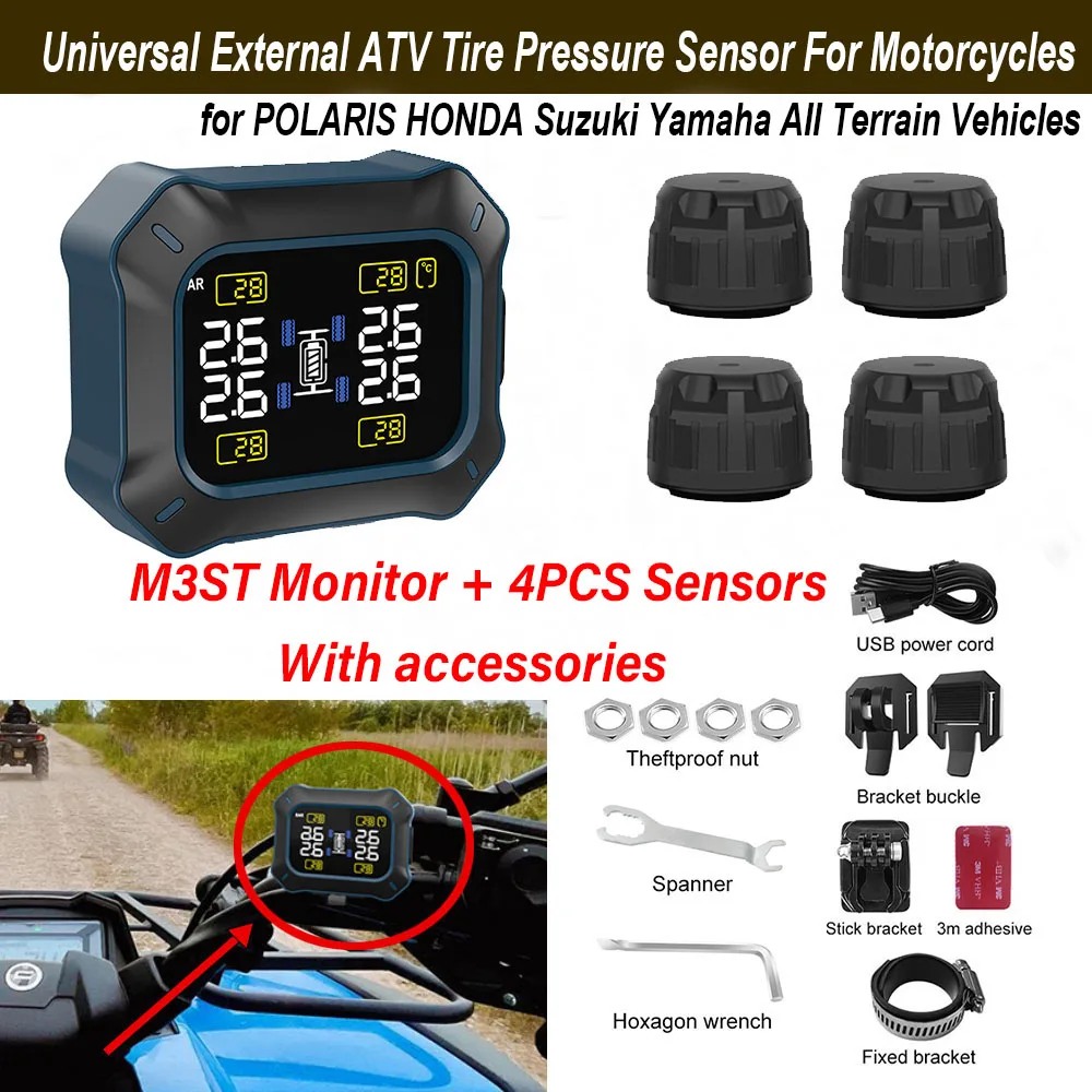 External Motorcycle TPMS ATV Tire Pressure Monitor System M3ST Monitor LCD Display+ 4 Sensor for POLARIS 4-Wheeled Motorcycle