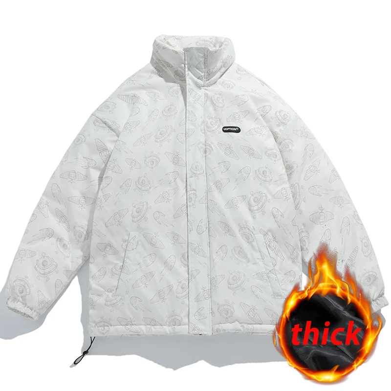 Mùa Đông Làm Dày Parkas Nam Dạo Phố Hoạt Hình In Hip Hop Xuống Cotton Áo Khoác Nữ Ấm Áo Gió Cổ Lông Quá Khổ