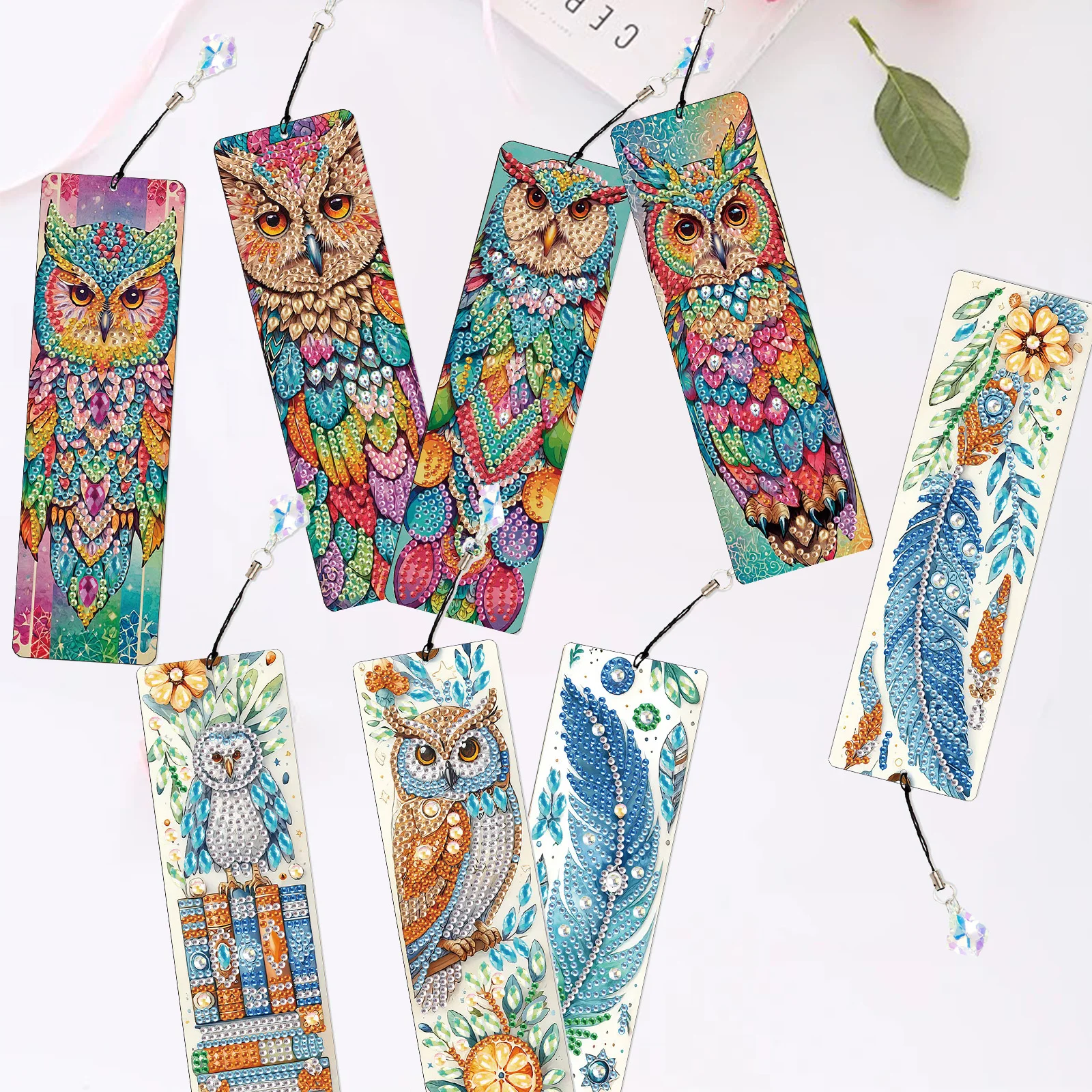 

8PCS Diamond Art Painting Bookmarks kits,Colorful Owl Diamond Art Pendant Supplies Shining Bookmarks Handmade Office Art Gifts