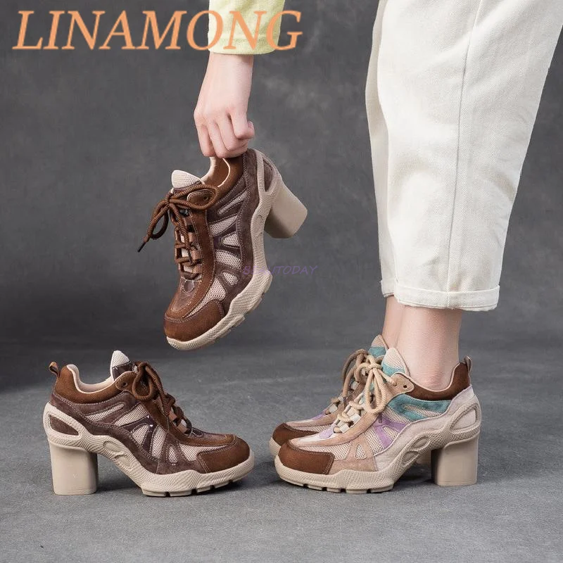 

Casual Sports Style High Heels Fashionable New Style Color Blocked Lace Up Retro Style Thick Heel Height Increasing Single Shoe